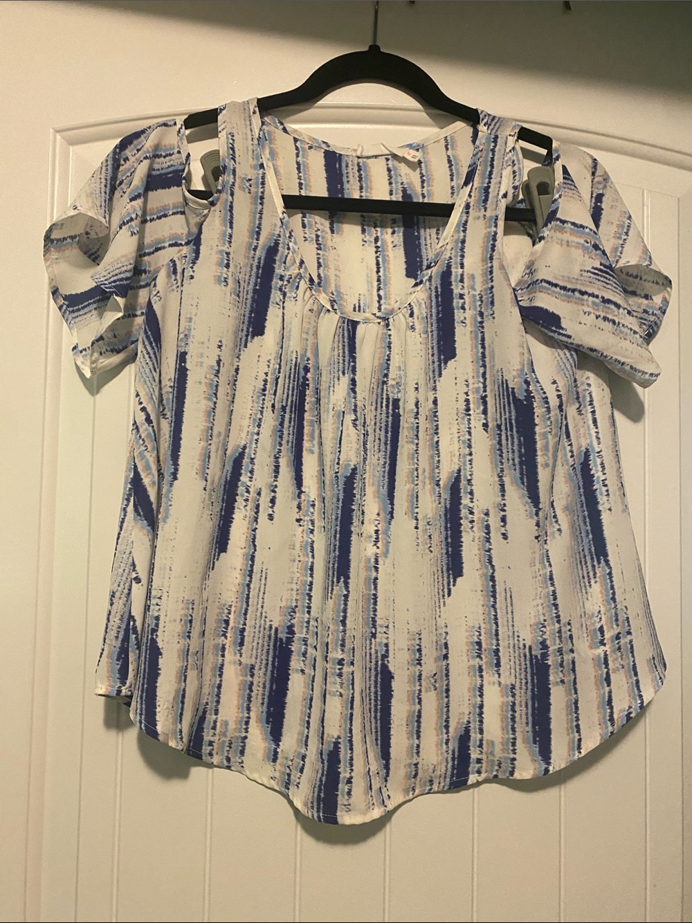 Lush Blue and White Cold-Shoulder Stripe Blouse